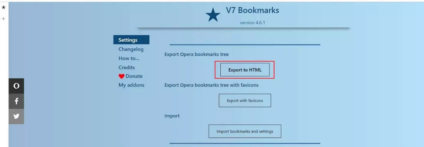 Menu Paramètres de l’extension V7 Bookmarks pour Opéra