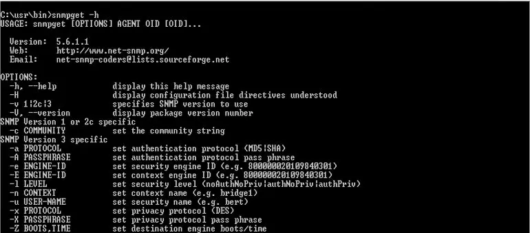 Menu d’aide snmpget dans l’invite de commandes Windows.