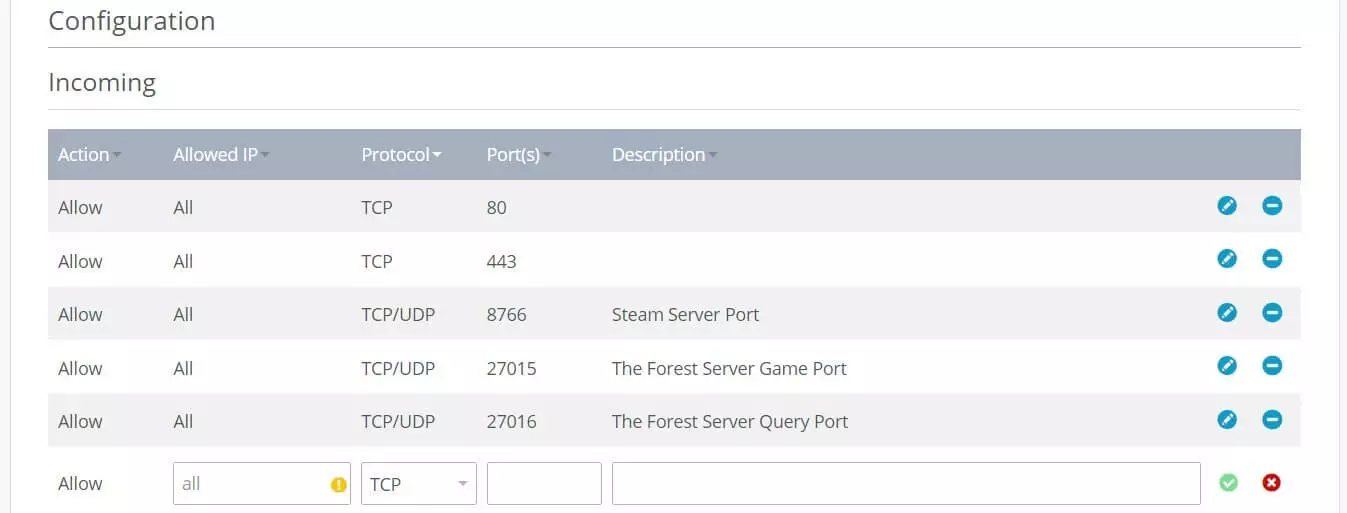 Règles de port pour le serveur dédié The Forest dans le tableau de bord IONOS Cloud