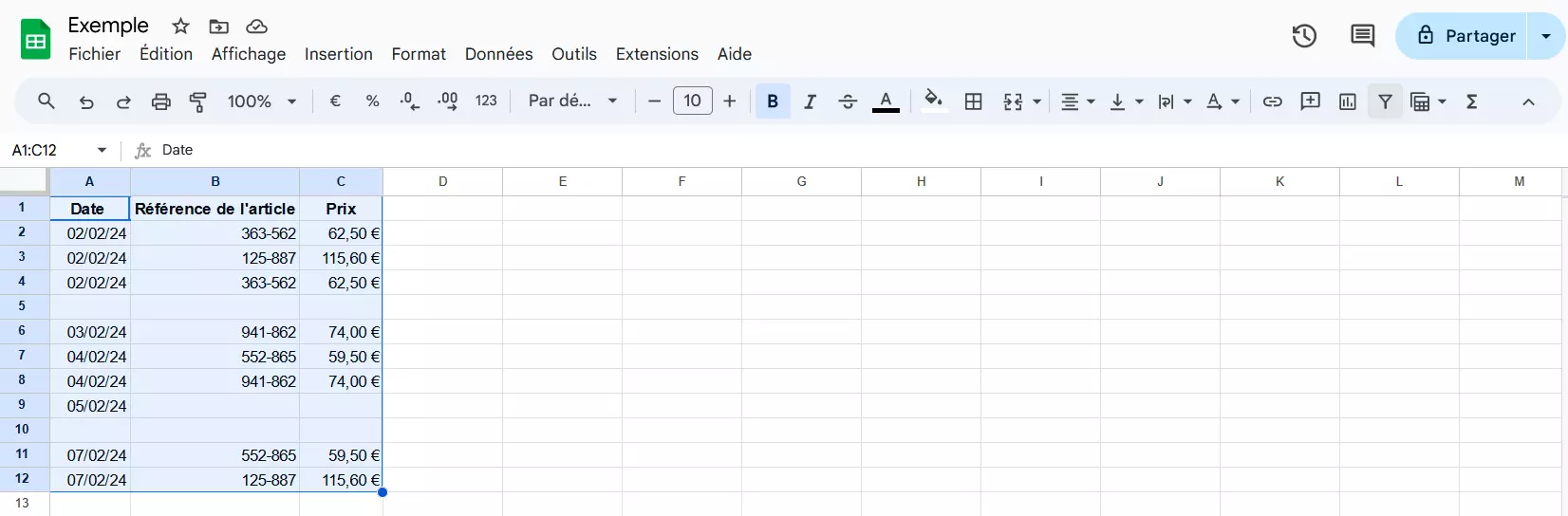 Capture d’écran d’un filtre dans Google Sheets