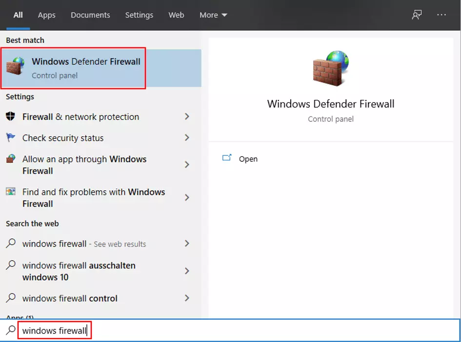 Ouvrir le Pare-feu de Windows 10 en passant par la fonction Rechercher