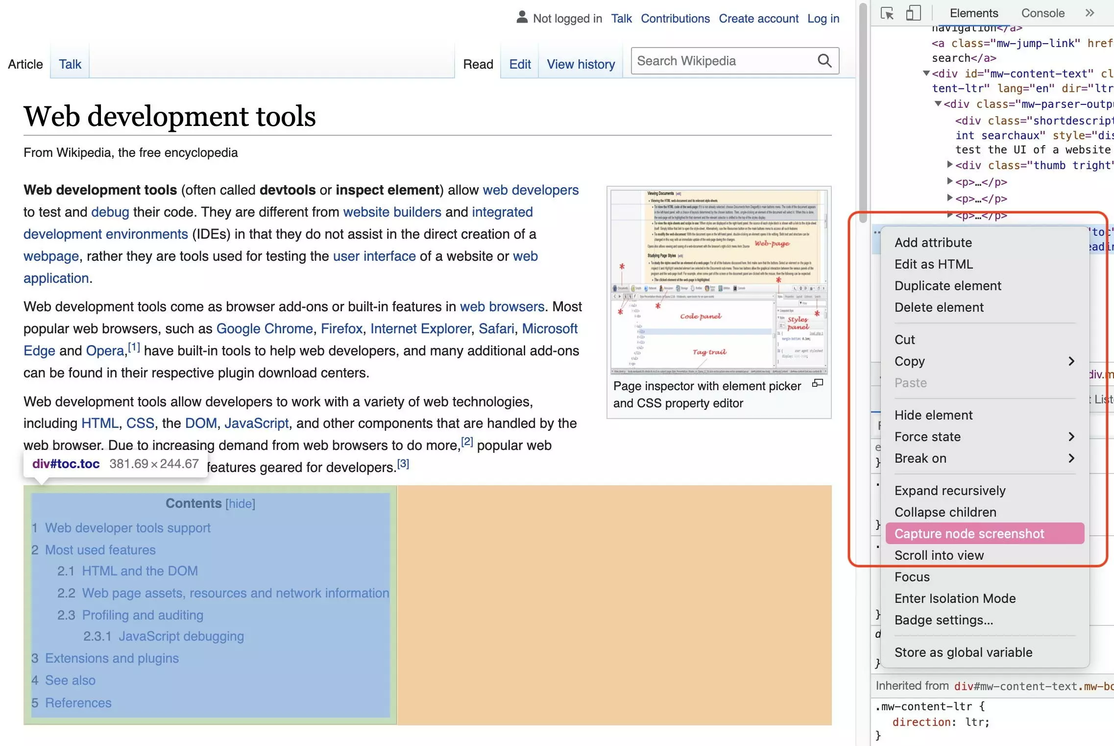 Capture d’écran d’un élément dans les DevTools de Chrome