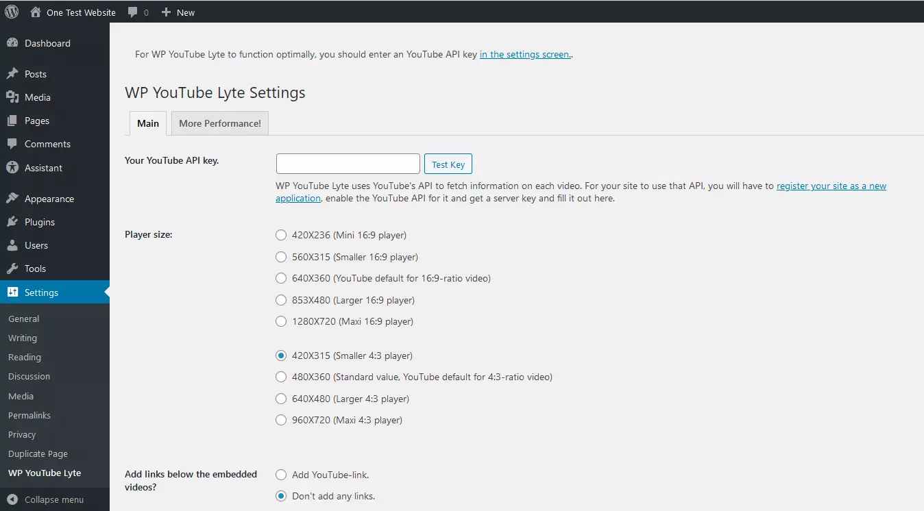 Menu de WP YouTube Lyte dans l’interface d’administration de WordPress