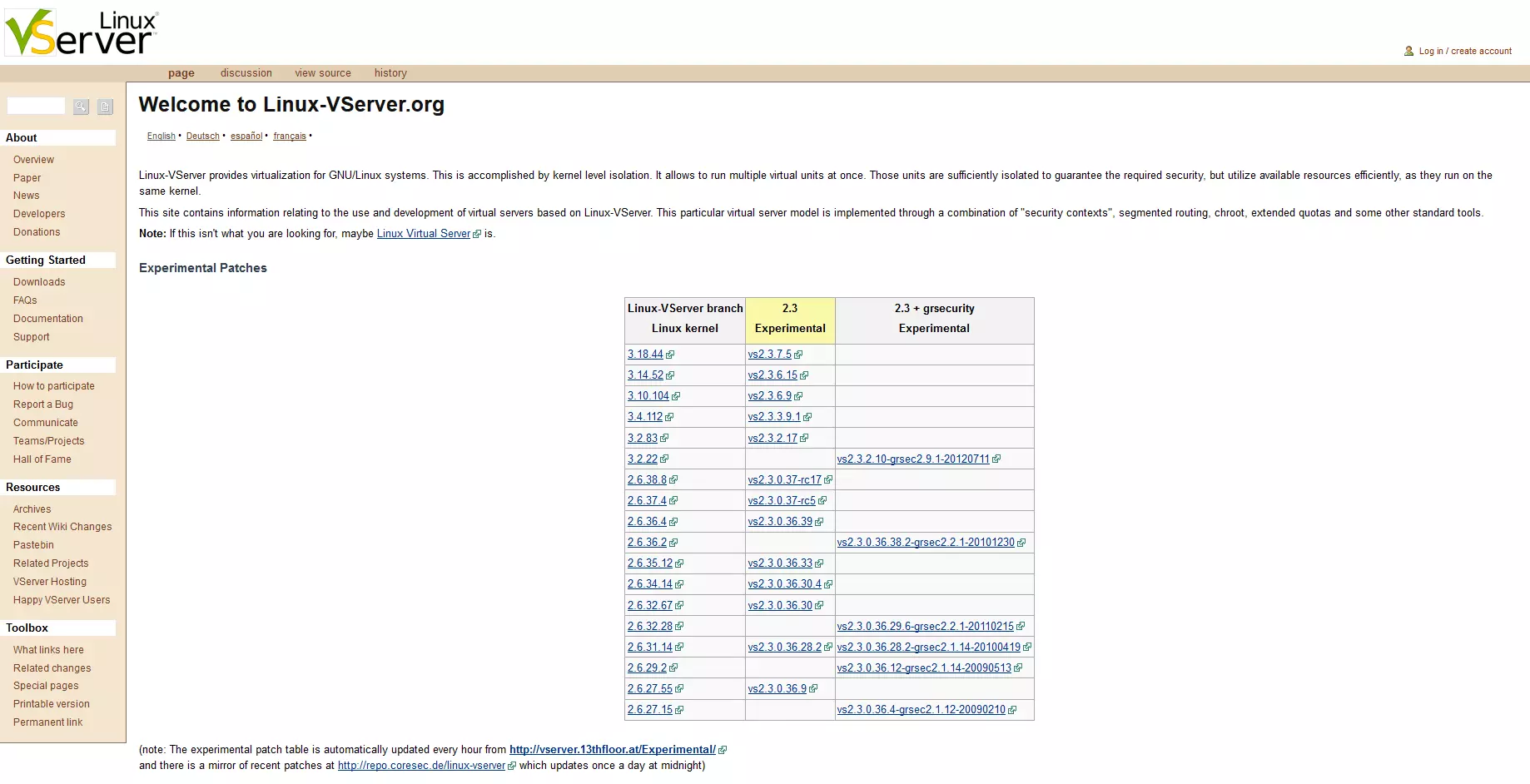 Page d’accueil du projet open source Linux-VServer