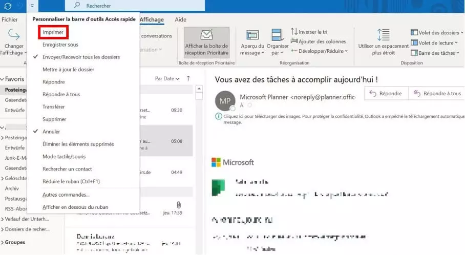 Outlook par défaut : « Personnaliser la barre d’outils Accès rapide »