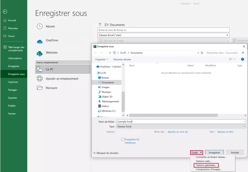 Excel pour Windows : bouton « Outils » dans la boîte de dialogue d’enregistrement