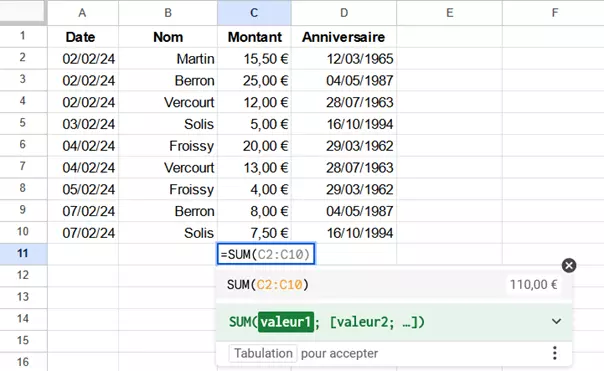 Capture d’écran de la fonction SUM dans Google Sheets