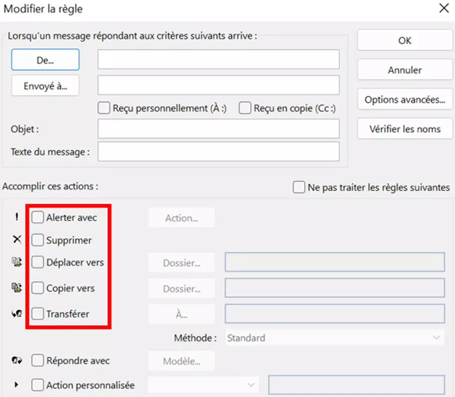 Fenêtre de définition de règles pour les messages d’absence dans Outlook