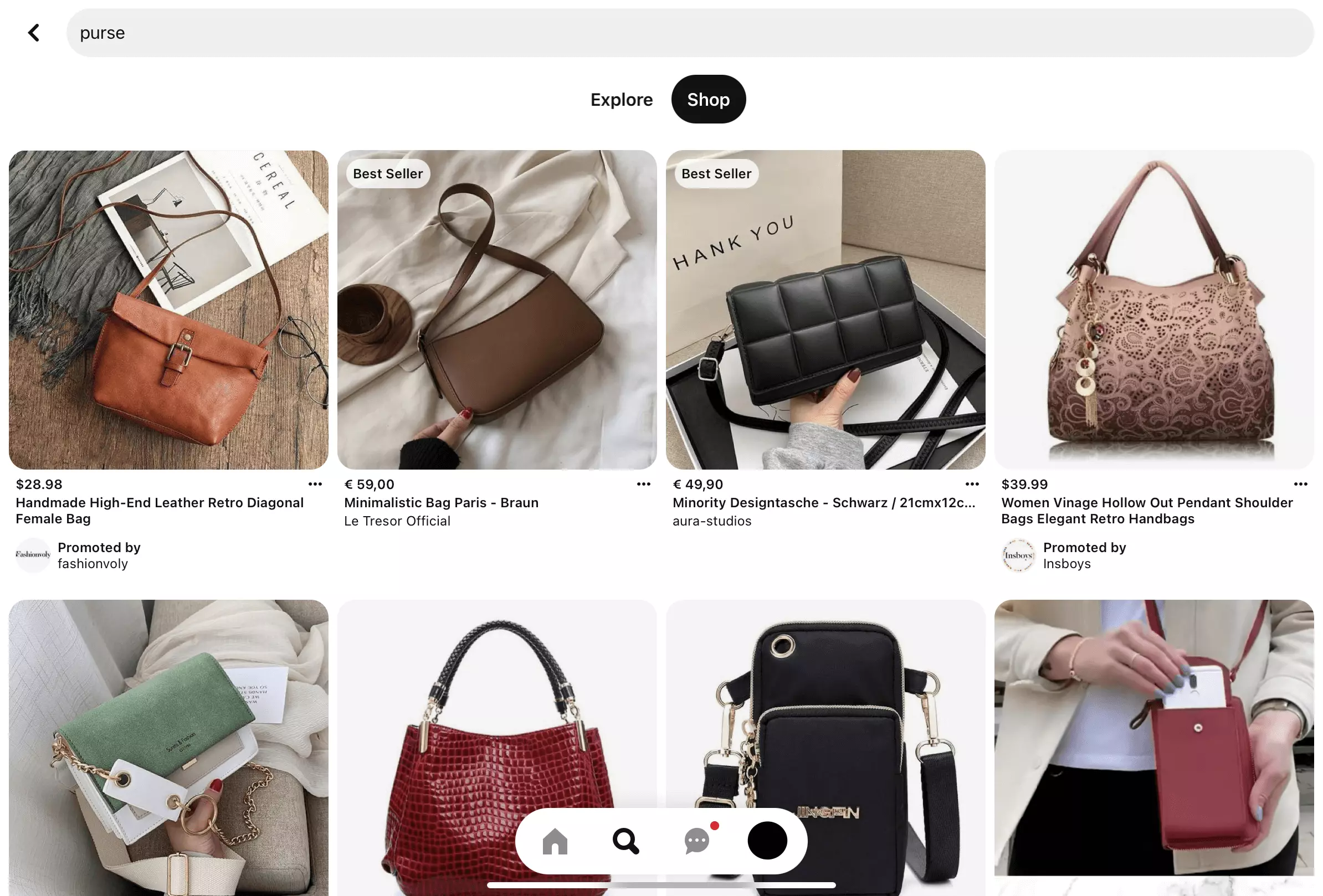 Capture d’écran de l’application Pinterest avec la requête « sac à main »