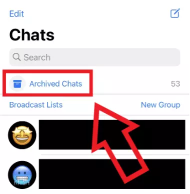 Capture d’écran iPhone de la rubrique « Discussions archivées » de WhatsApp, au-dessus de la liste des conversations