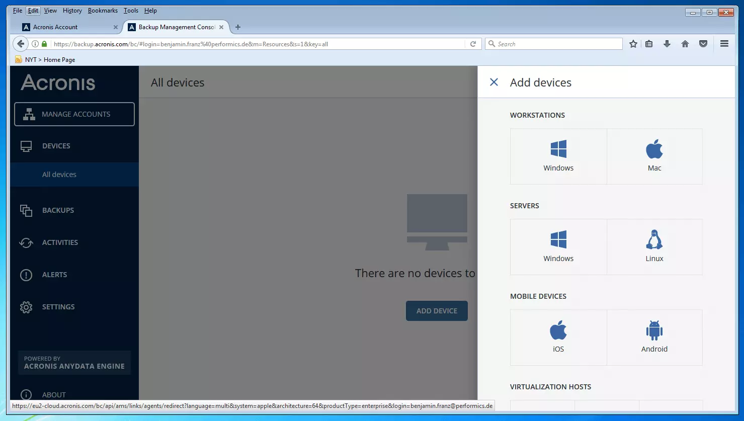 Console de gestion des sauvegardes d’Acronis Backup 12.5 : gestion des périphériques