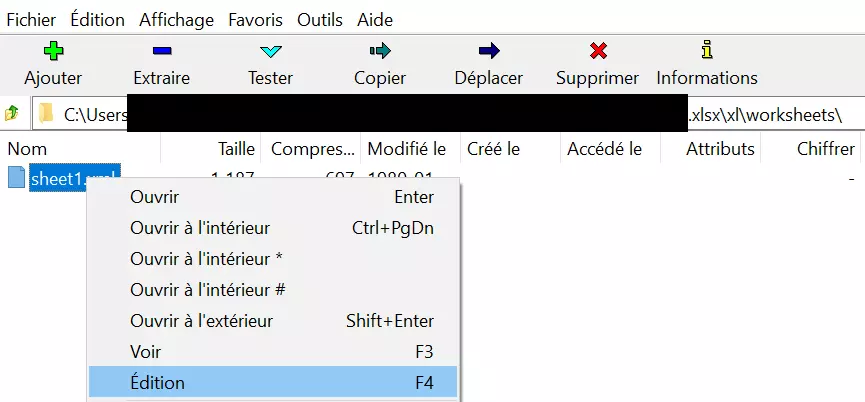 Illustration du fichier Excel, répertoire « xl\worksheets » ouvert dans le programme 7-Zip, avec menu contextuel