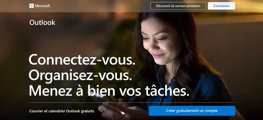 Capture d’écran de la page d’accueil de Outlook.com