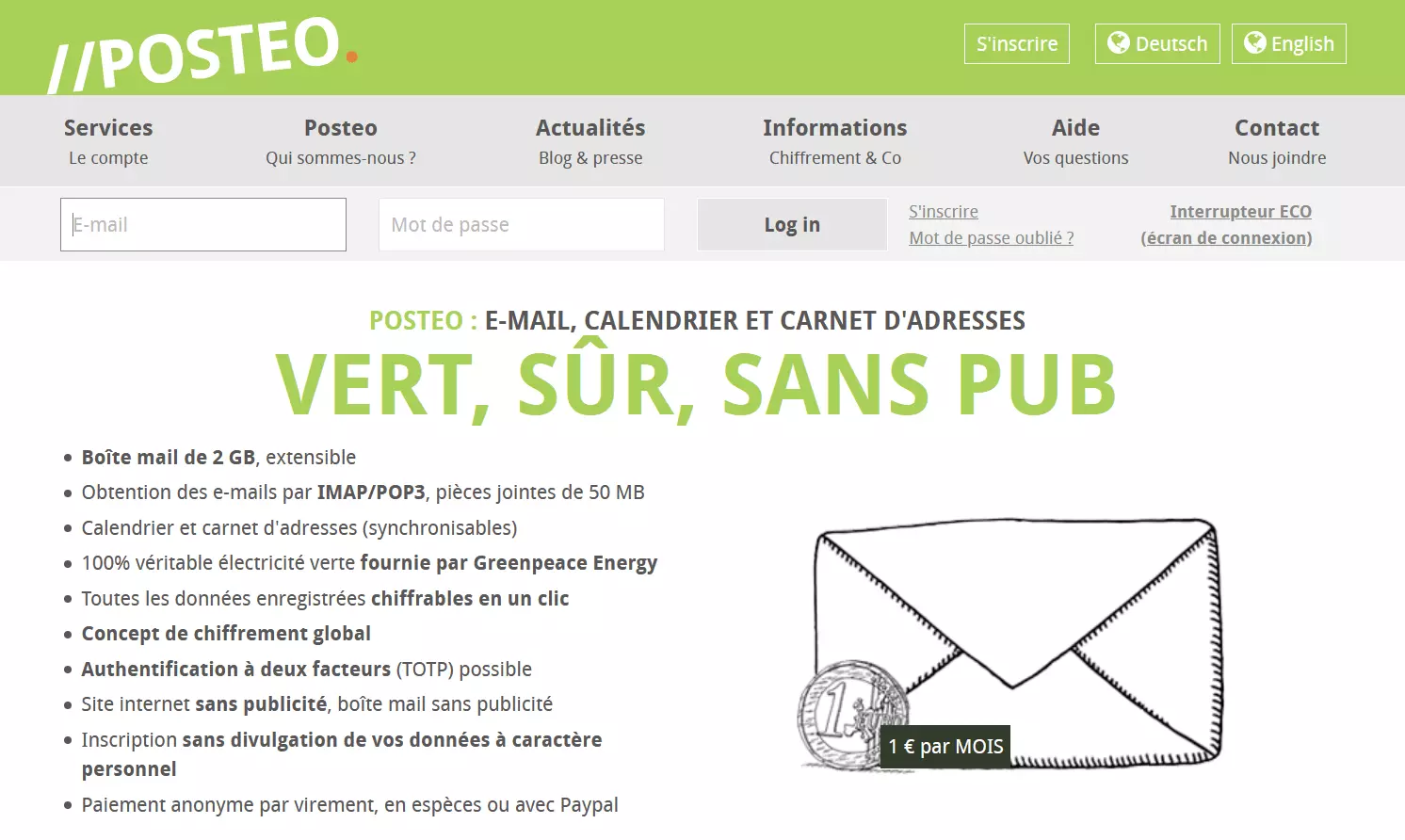 Page d’accueil de Posteo, alternative à Gmail