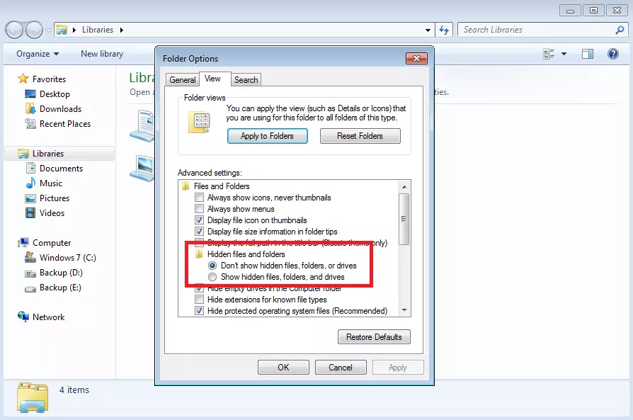 Afficher les fichiers cachés Windows 7 dans les options de dossiers de Windows 7 