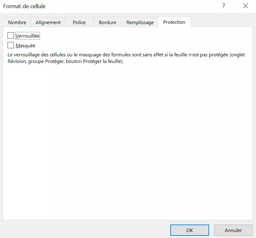 Illustration de la boîte de dialogue « Format de cellule », onglet « Protection »