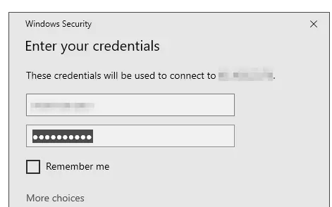 Fenêtre dédiée à la connexion Windows à distance