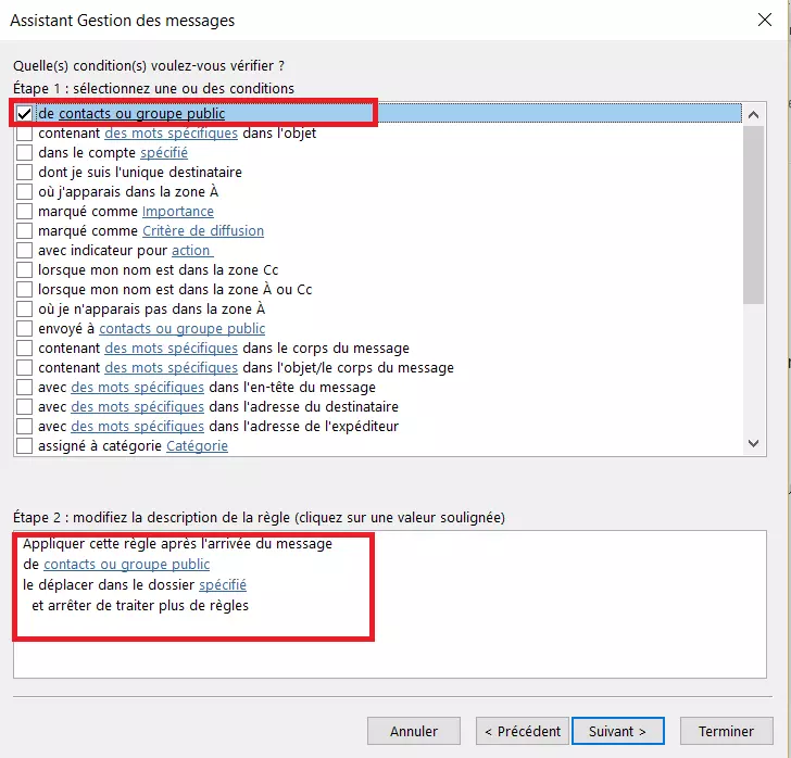 Assistant de règles Outlook : sélection du modèle de règle
