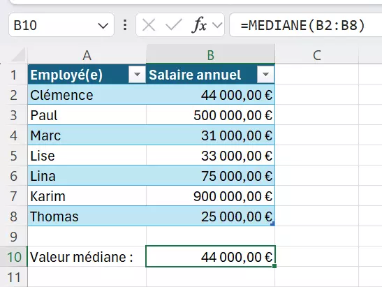 Excel : calculer la médiane lorsque le nombre de valeurs est impair