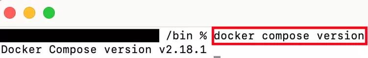 Copie d’écran du terminal Mac après exécution de docker compose version