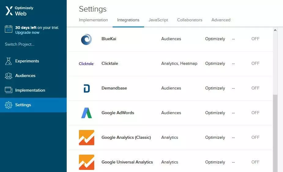 Paramètres de Optimizely X Web Experimentation