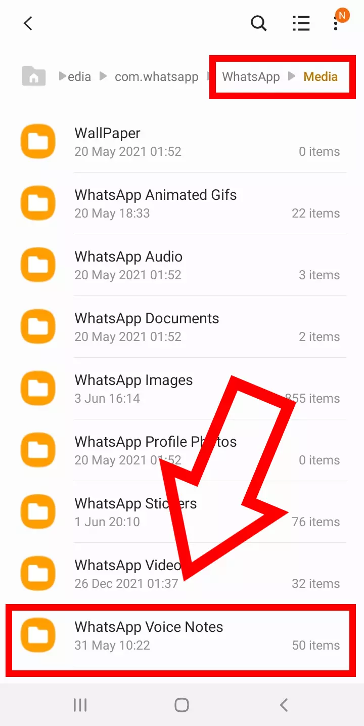 Capture d’écran du dossier « Media » d’Android, avec le sous-dossier « WhatsApp Voice Notes »