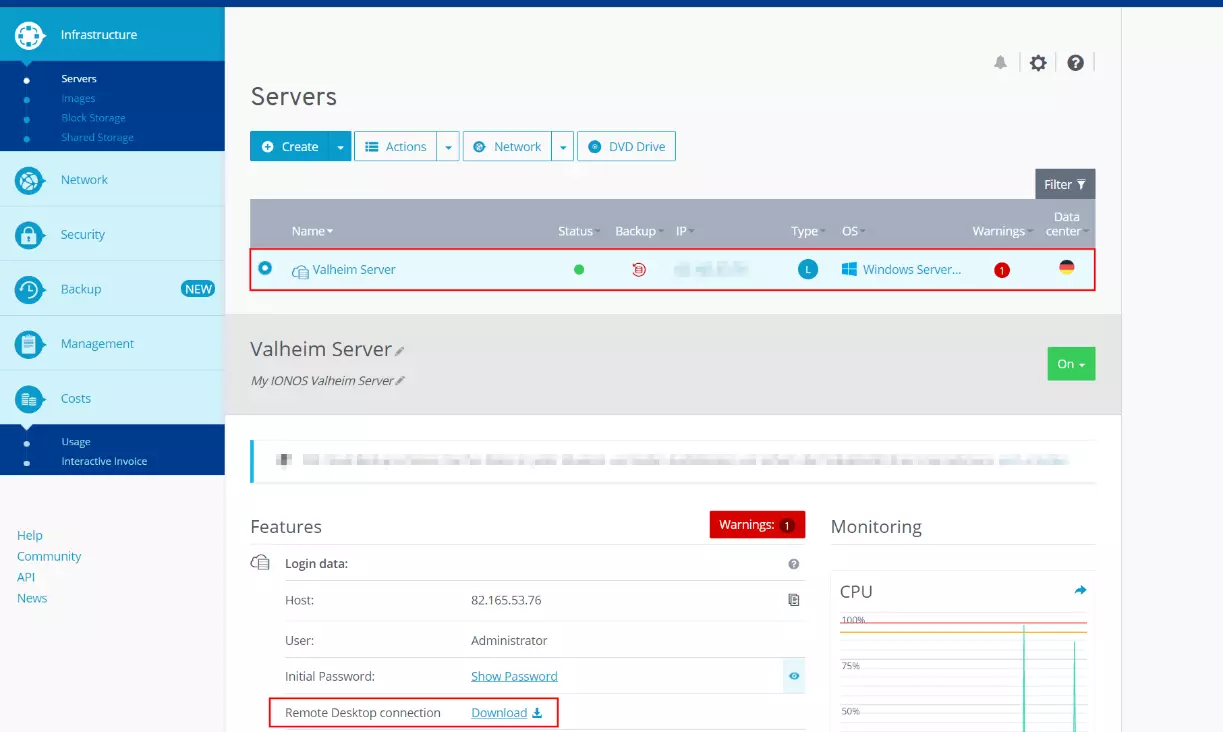 Vue d’ensemble des données d’accès et de serveur dans le Cloud Panel de IONOS