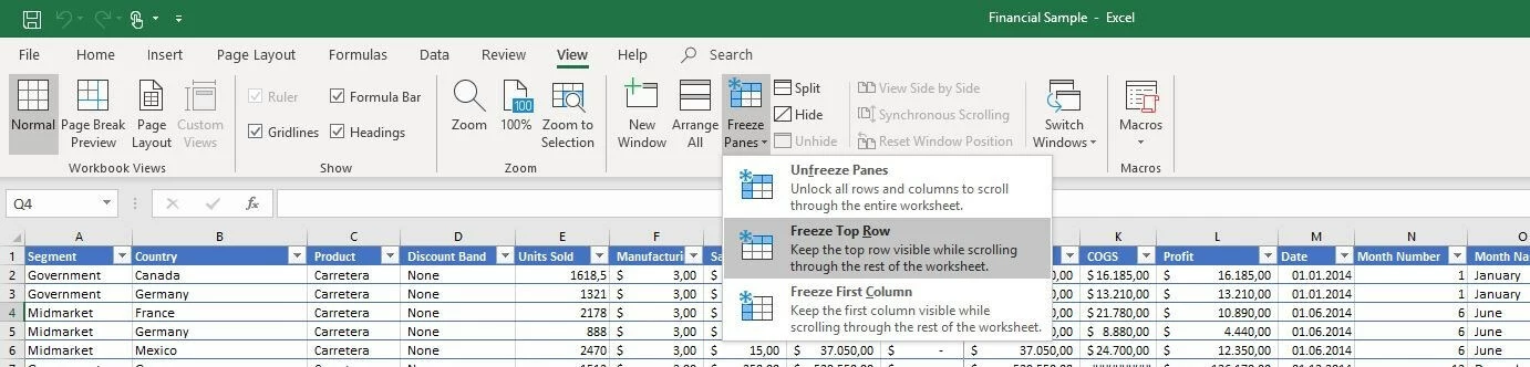 Menu Figer les volets dans Excel 2016