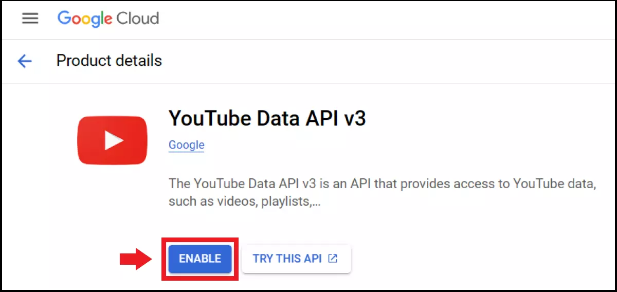 Activation de l’API YouTube sélectionnée