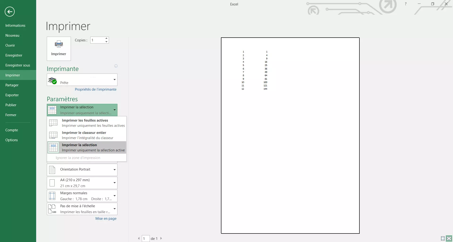 Menu Imprimer d’Excel