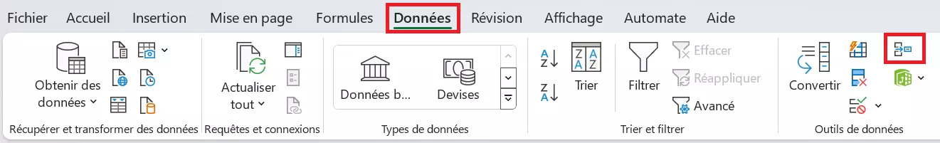 Dans « Données », cliquez sur « Consolider » dans le champ « Outils de données »