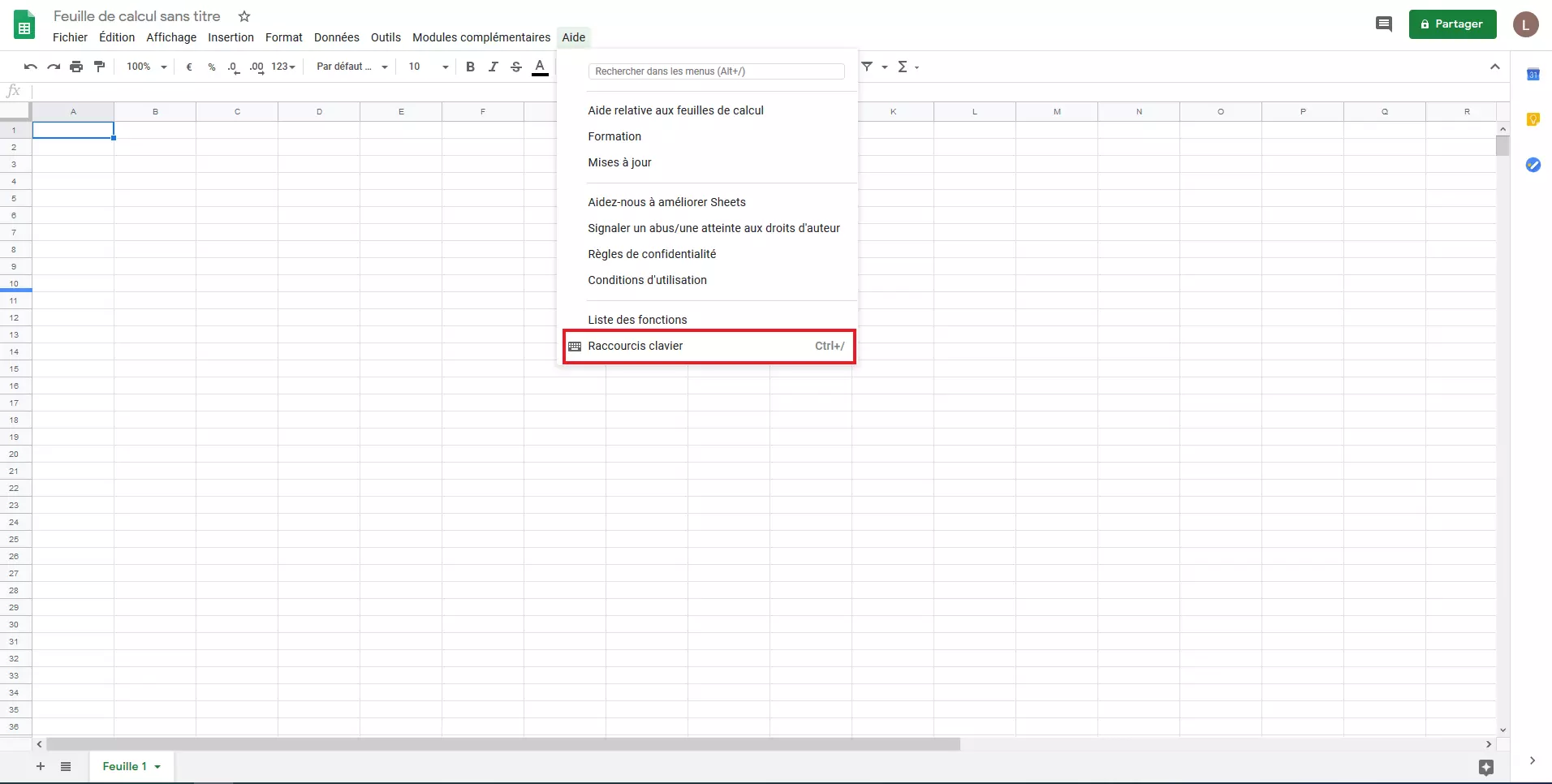 Google Sheets : entrée des raccourcis dans le menu Aide