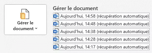 La fonction de restauration automatique de Word dans le menu Fichier > Informations > Gérer le document