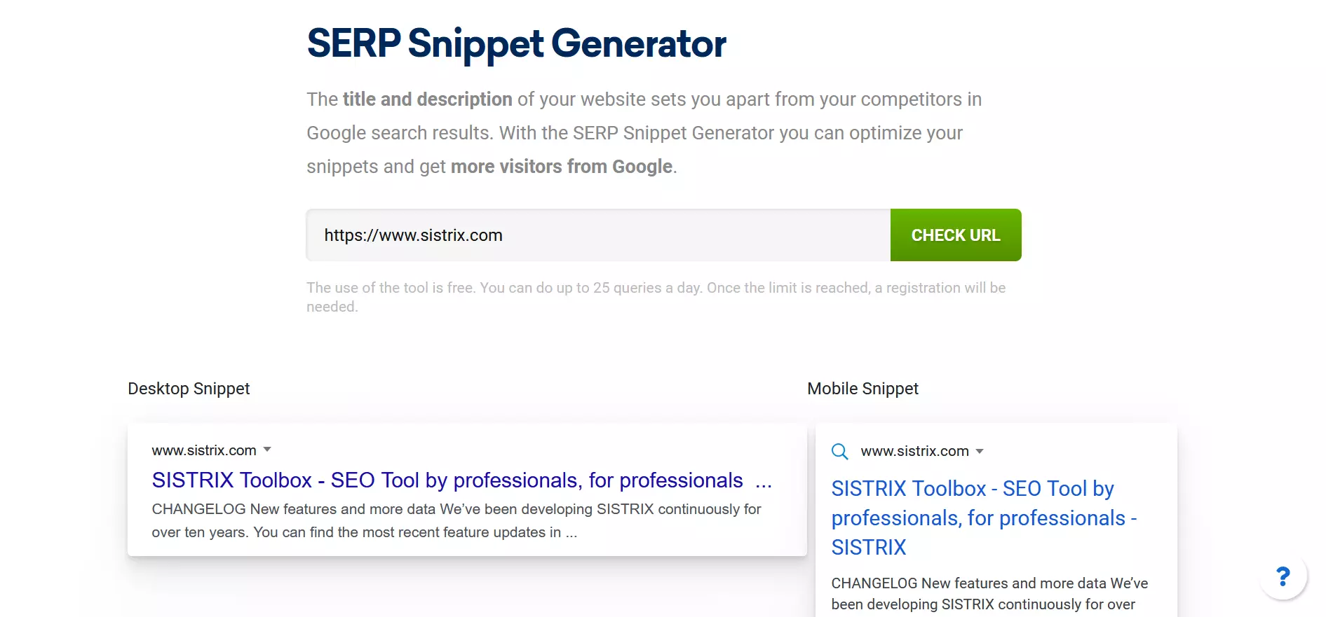 Capture d’écran du SERP Snippet Generator de Sistrix