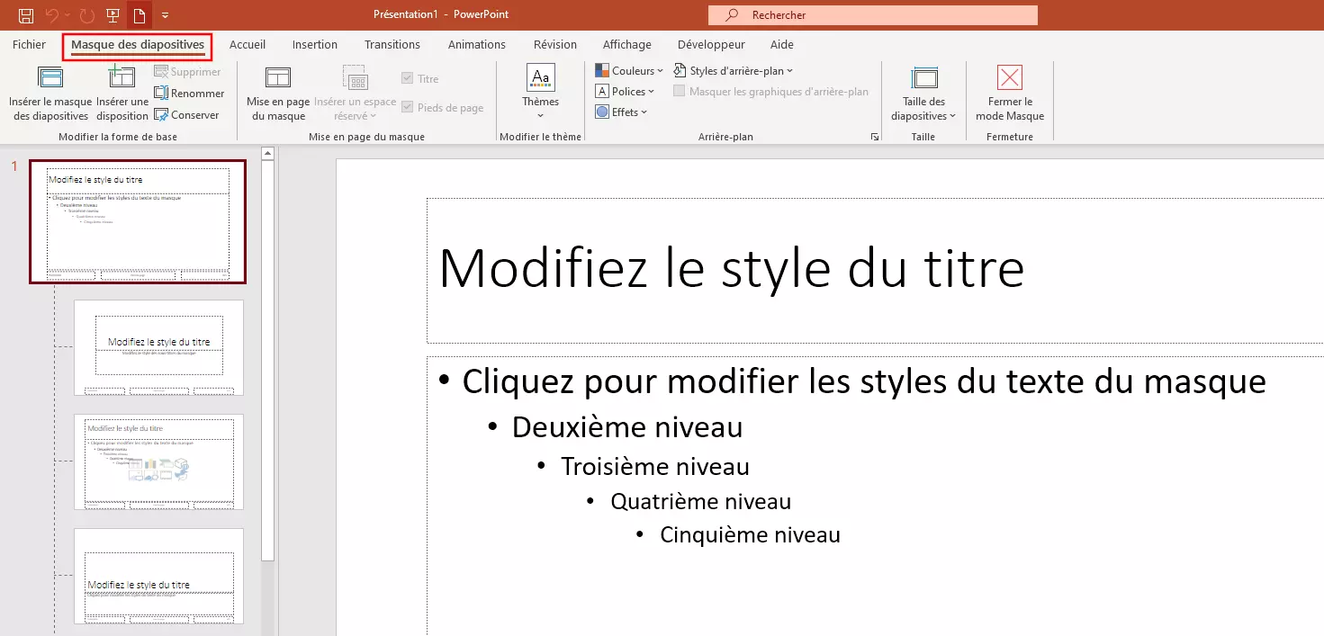 Affichage du masque des diapositives dans PowerPoint