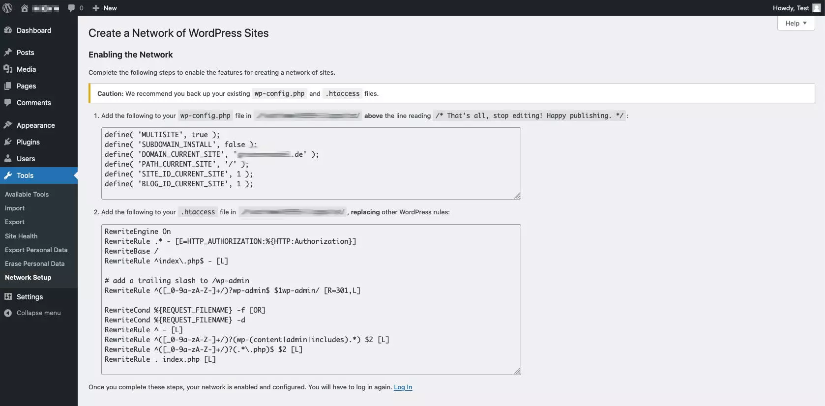 Code pour la configuration du réseau dans le backend de WordPress