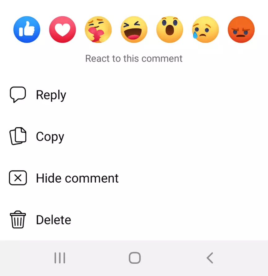 Application Facebook : menu contextuel des commentaires