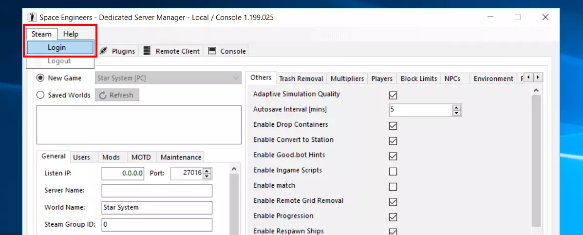 Space Engineers – Dedicated Server Manager : connexion à Steam