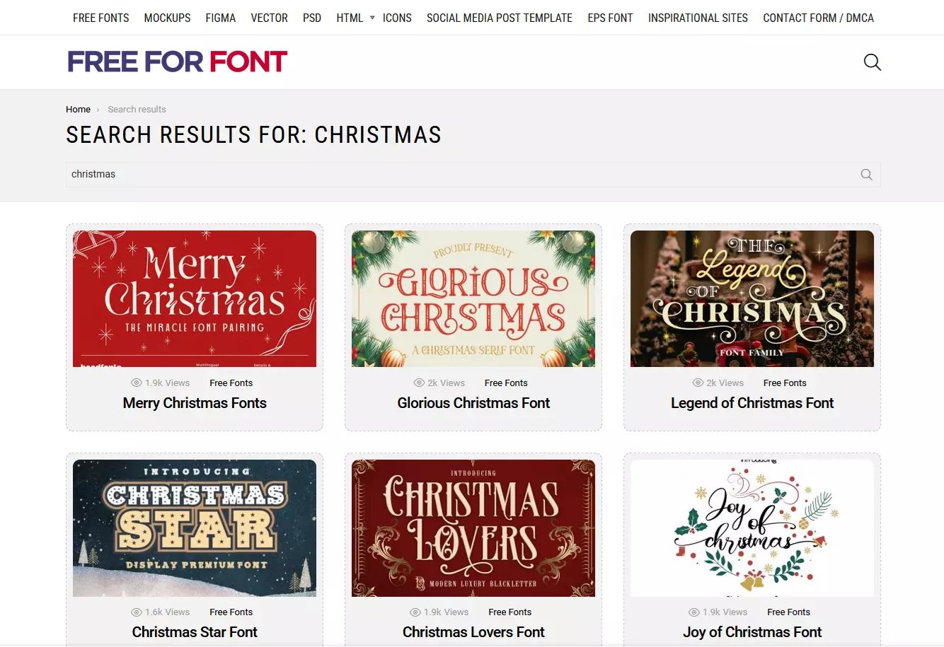 Capture d’écran du site Web de Free For Font après la recherche de résultats « Noël »