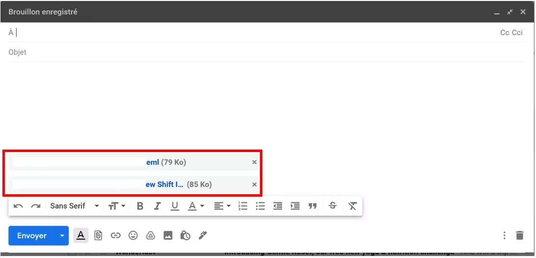 Nouveau brouillon d’email avec des emails en pièces jointes
