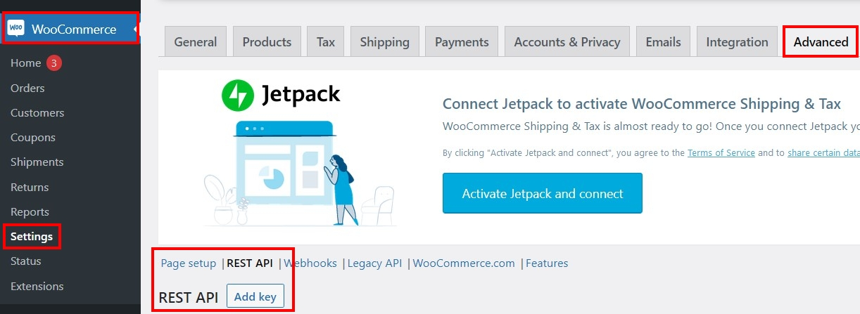 WooCommerce : menu API REST dans le back-end