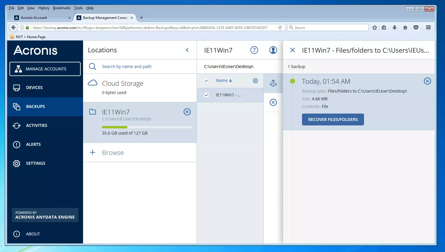 Acronis Backup 12.5 Console de gestion des sauvegardes : vue d'ensemble des sauvegardes créées