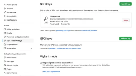 Présentation des SSH keys ajoutées sur GitHub