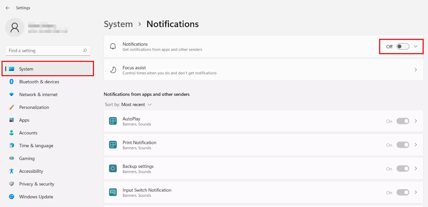 Paramètres système de Windows 11 avec le menu des notifications système