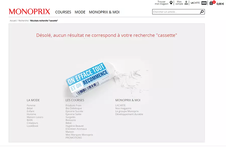 Capture d’écran de la recherche nulle de cassette sur le site de Monoprix