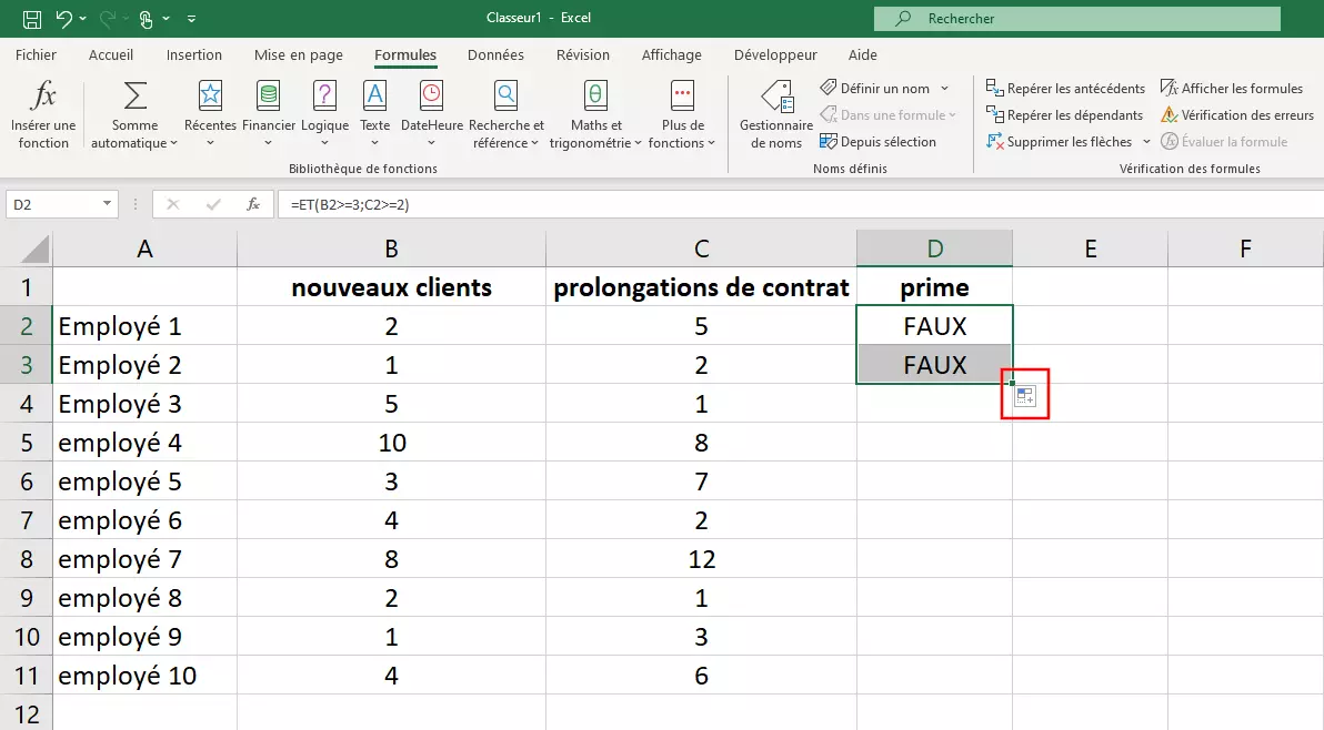 La fonction ET dans Excel : étendre la fonction à plusieurs cellules