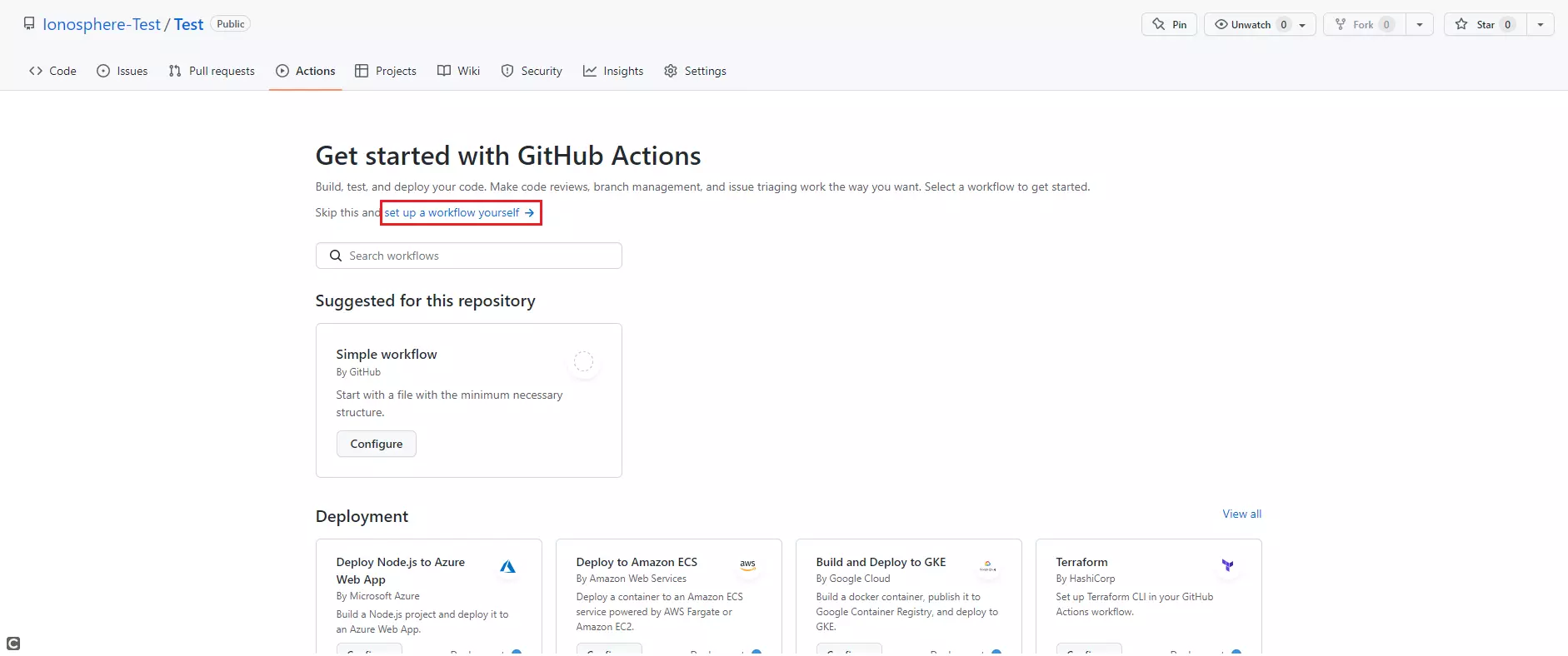 Vue du menu Actions dans GitHub