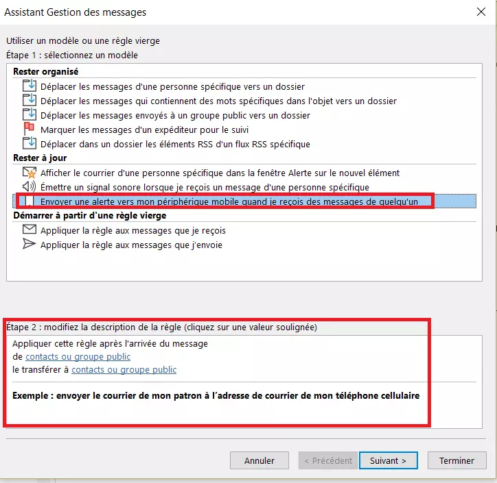 Assistant règles Outlook : sélection des modèles de règles