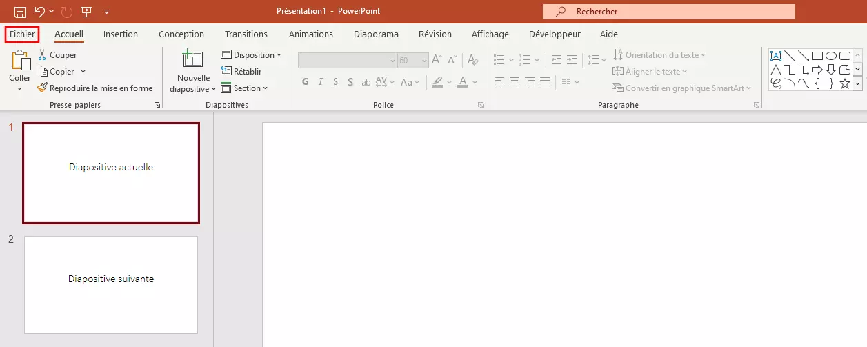 PowerPoint : Cliquez sur « Fichier », puis sur la fonction Exporter