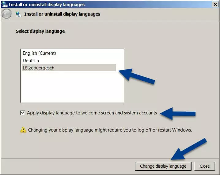 Menu de changement de langue sous Windows 7